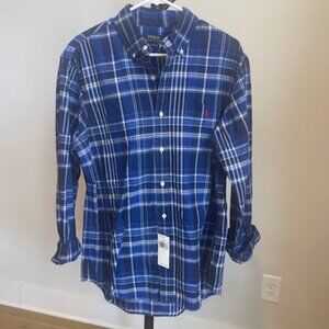 Men's Polo Ralph Lauren Button Down Plaid Blue Size Large Brand New Classic Fit